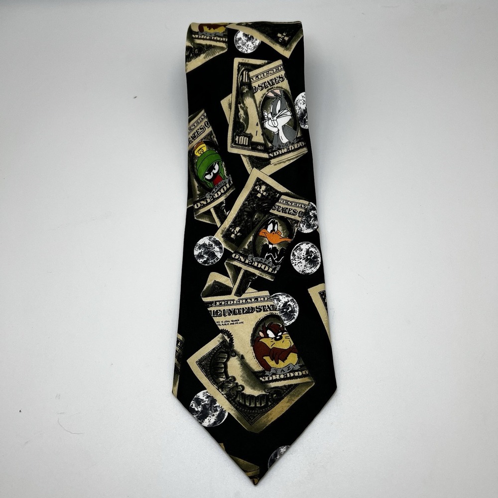 Vintage 1997 $100 Dollar Bill Looney Tunes Mens Neck Tie Bugs Taz Marvin Daffy